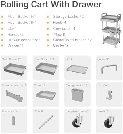 3 Tier Rolling Utility Cart with Drawer,REBECAT Utility Cart Made of Multifunctional Storage Organizer Tool for Kitchen,Bathroom,Living Room,Office(Gray) - Image 4