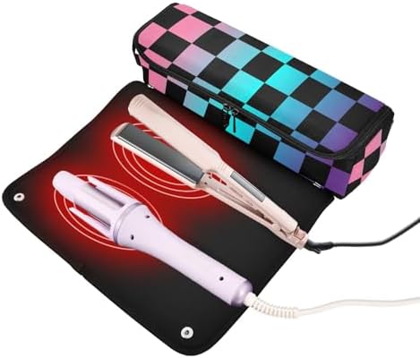 Checkerboard Plaid Colorful Hair Tools Travel Bag Carrying Case Portable Travel Organizer Pouch with Heat Resistant Mat for Flat Irons Hair Dryer Curling Iron - Image 2