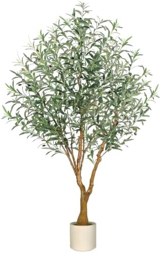 Olive Trees Artificial Indoor, 6FT Faux Olive Tree with White Tall Planter, Full Lush Artificial Plants with Large Olive Branches and Lifelike Fruits for Home Office Decor by Unknown