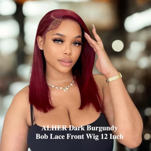 ALHER Short Bob Wig 99J Dark Burgundy, 12A Straight Small Cap 13x4 Lace Frontal Wigs Human Hair Pre Plucked With Baby Hair, Small Cap Wig Size 21-21.5 180% Density for Black Women 12 Inch - Image 2