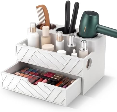 White Hair Tool Organizer with Drawer, Hair Brush Storage by Unknown