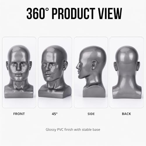 Male Mannequin Head 13.7", Silver Gray Wig Hat Display Stand - Image 3
