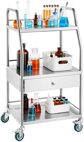 VEVOR Stainless Steel Utility Cart with 3 Shelves & 1 Drawer, 360 Swivel Casters, 220lbs Capacity by VEVOR