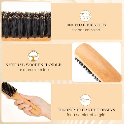 STYLEMATE Boar Bristle Slick Back Hair Brush, Large/Medium Soft Bristles Hair Brush for Thin & Fine Hair, Smoothing Hairbrush for Polishing, Deepening & Styling for Women Men - Image 5