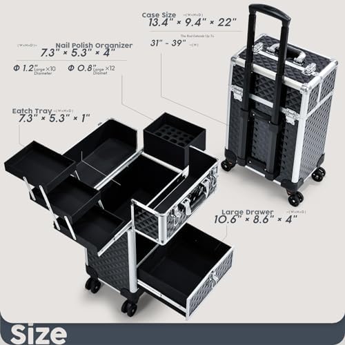 Hododou Rolling Makeup Case Cosmetic Travel Trolley Storage Sliding Drawer 4 Tray Makeup Travel Case with Wheels Salon Barber Case Traveling Cart Trunk for Cosmetologist Nail Tech Hairstylist Black - Image 6