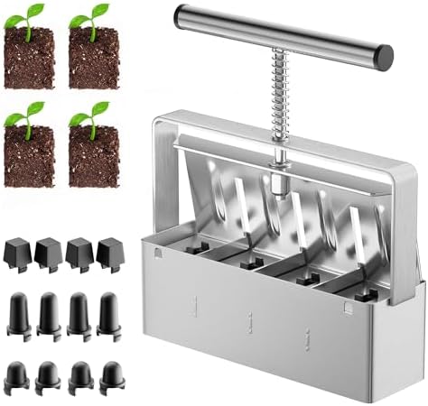 Soil Blocker, 4 Cell Soil Block Maker 2 Inch with 3 Sizes Seed Pins, Seed Handheld Block Maker with Comfortable Handle, Garden Blocking Tools for Seedings, Cuttings, Greenhouses by NVRGIUP