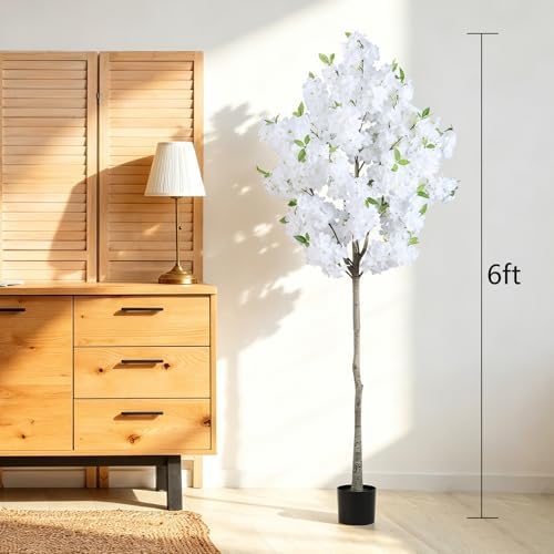 Artificial Cherry Blossom Tree Fake Plants Faux White Sakura Flowers, 6FT - Image 6