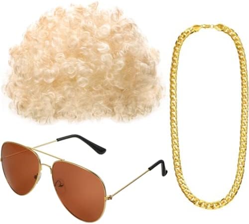 Gejoy Mens Disco Costume Set, 70s Afro Wig Glasses Chain, Gold Hair by Unknown