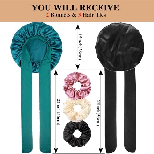 2+3 Large Satin Bonnets with Scrunchies for Women, Hair Bonnet Sleeping Tie Bonnet for Braids Curly Hair - Image 2