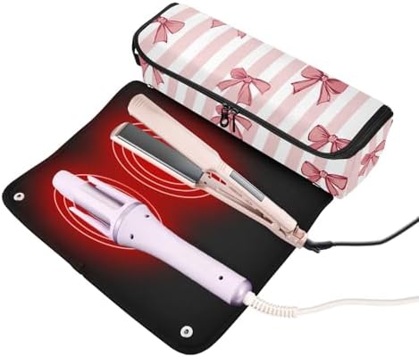 Hair Tools Travel Bag with Heat Resistant Mat Detachable 2-in-1 Curling Iron Travel Case Hot Tools Organizer for Straightener Flat Iron Pink White Stripes Bows - Image 2