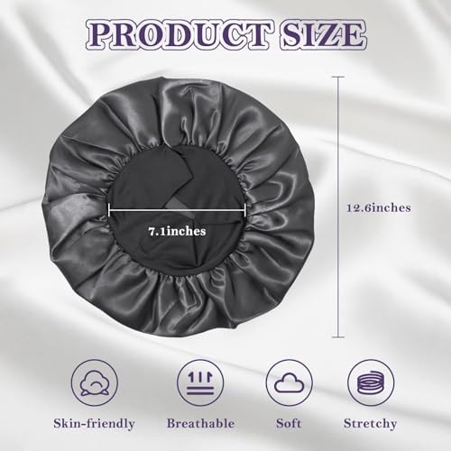 ZHENSILK 2Pcs Silk Bonnet for Sleeping, Satin Hair Bonnets, Soft Elastic Band Silk Sleep Cap, Hair Wrap for Women(Black Purple) - Image 5