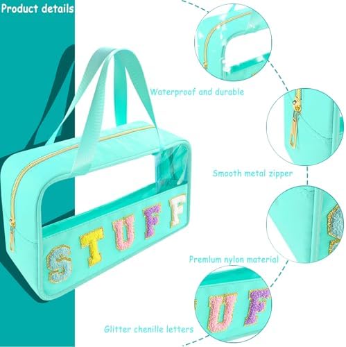 Bunliuys Chenille Letter Clear Makeup Bag Stuff Patch, Travel Toiletry Makeup Bag with Handle, Nylon Waterproof Makeup Bags clear cosmetic bag, preppy patch makeup bag for Women (STUFF-Mint Green) - Image 3
