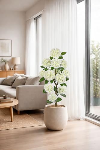 4FT White Hydrangea Artificial Flowers Tree Large Real Touch Faux Silk Hydrangea Plants Potted Fake Flower in White Pot for Home Indoor Outdoor Front Porch Garden Entrance Living Room Decor, 2 Pack - Image 6