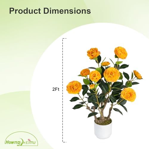 2 Pack Artificial Camellia Tree with White Pot, 24" Faux Potted Plants for Indoor Outdoor Decor, Tall Silk Greenery Plant for Home Office Living Room Balcony, Orange - Image 3
