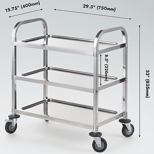 CURTA Stainless Steel Serving Trolley, 30" L x 16" W x 33" H 3 Tiered Shelf Kitchen Utility Cart, Rolling Casters Brake Wheel, Commercial Pro for Restaurant/Hotel/Lab/Clinic/Salon/Workshop - Image 5