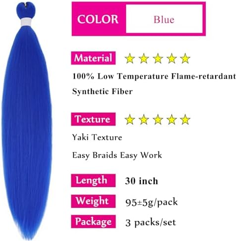 Blue Braiding Hair Pre Stretched 30 inch Long Blue Hair Extensions For Braiding Knotless Crochet Braids Synthetic Hair Weave Bundles Hypoallergenic Prestretched Braiding Hair Extensions 3 Pack - Image 2