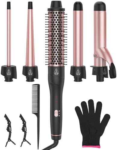 ANIEKIN 5 in 1 Curling Iron Set, Fast Heat Up Curling Wand from 3/8 to 1 1/4 Inch and a Thermal Brush Come with, Dual Voltage Hair Curler for Women All Hair Types and Travel Use, Gifts for Women by ANIEKIN-MasterYourBeauty