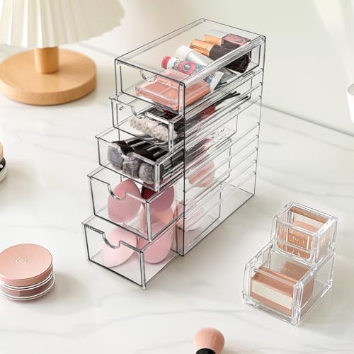 Hair Accessory Organizer, Plastic Clear Hair Tie Storage Box with 5 Drawers, Hair Accessories Container Makeup Organizer Jewelry Holder for Bathroom, Closet Desk, Office (Pack of 2) - Image 6