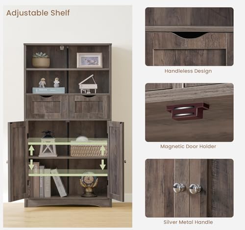 Iwell Tall Storage Cabinet with 2 Drawers & Adjustable Shelf, Bathroom Cabinet with Doors, Kitchen Pantry Storage Cabinets, Cupboard for Living Room, Dining Room, Entryway, Rustic Gray - Image 6