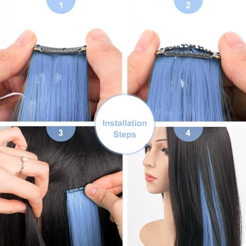 Colored Hair Extensions Clip in Baby Blue Hairpiece 14PCS Synthetic - Image 5