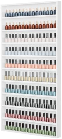 OmySalon Nail Polish Organizer Wall Mount - Holds 200 Bottles with Acrylic Barrier, Salon Display Rack for Home Spa & Nail Studio - Assembly Required, Wooden Polish Storage (White, 10-Tier) by OmySalon