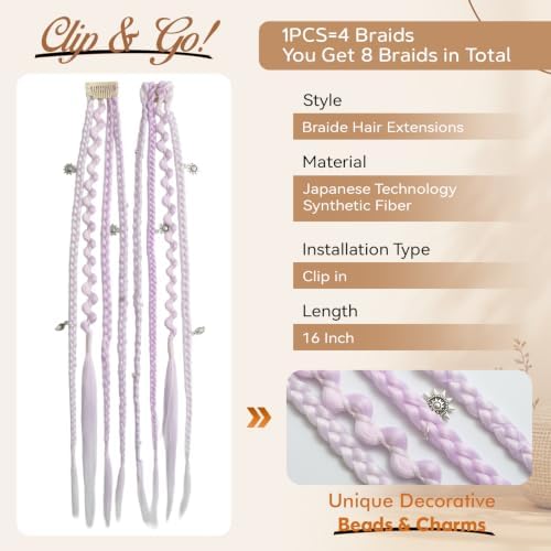 2Pcs 16" Clip in Dreadlocks Hair Extensions Women (Light Purple) - Image 2
