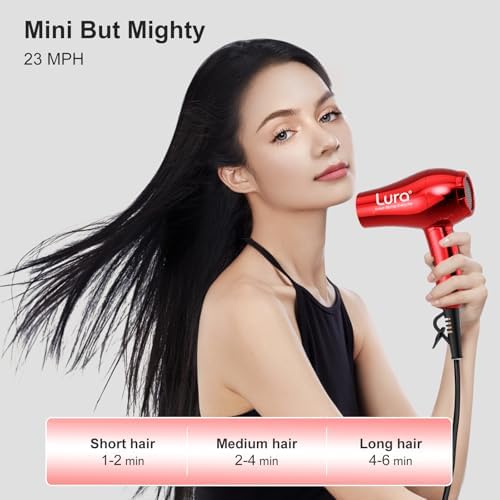 LURA Mini Portable Travel Hair Dryer:Dual Voltage Small Lightweight Blow Dryer with EU Plug,1200W Compact Hairdryer with Folding Handle,with Concentrator&Diffuser Attachment,for Women and Men(Red) - Image 4