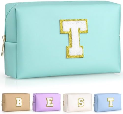 TOPEAST Preppy Stuff for Girls, Initial Makeup Bag Chenille Letter Pouch Cosmetic Bag with Zipper, PU Leather Waterproof Toiletry Bag, Cute Stuff Birthday Gift for Friends Sister (Blue T) by TOPEAST