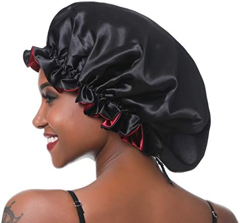 Women Large Satin Bonnet Adjustable Silky Sleep Cap Hair Bonnet Double Layered Reversible for Curly,Natural Hair (XL-Adult, XL Black-Red) - Image 3