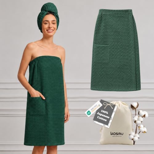 Luxury Organic Japanese Cotton Waffle Body Towel Wrap for Women | Sauna, Spa, Onsen, Shower Towel with Adjustable Snap Closure and Pocket | Ultra Plush 450 GSM (Forest Green, S/M) by KOSMU