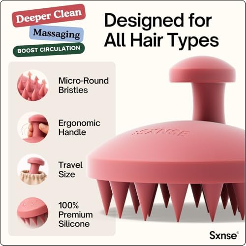 SXNSE Revive Silicone Scalp Massager - Manual Scalp Scrubber & Exfoliator Brush for Dandruff, Buildup & Itch - Scalp Shampoo Brush for Wet & Dry Hair with Soft Bristles and Easy-Grip Handle, Cherry - Image 2