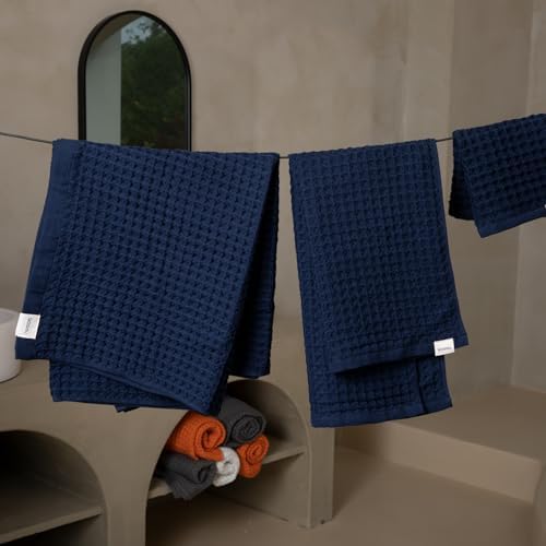 Luxury Organic Japanese Cotton Waffle Bath Towel | Thick, Absorbent, Quick Dry Bathroom Towels for Shower, Sauna, Onsen| Hotel & Spa Quality, Gift-Ready (Ocean Blue, Complete Set (4-Piece)) - Image 4