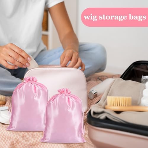 4Pcs Wig Bags with Satin Drawstring, Pink - Image 6
