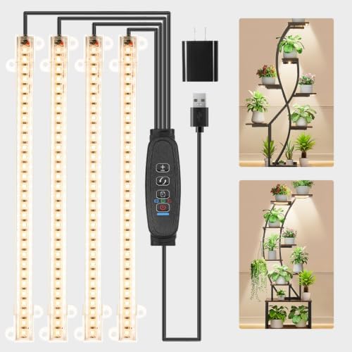 4 Head 9.4'' Grow Light Strips, 3000K Full Spectrum for Indoor Plants Plant Light with 3/9/12H Timer & 10 Dimmable Levels, LED Grow Lamp for Succulents, Seedlings,Hydroponics & Greenhouse by RWNTAO