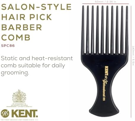 Kent SPC86 Black Salon-Style Professional Pick and Barber Comb - Afro Parting Comb for the Care of Curly and Thick Hair - Sleek style comb,Anti-Fatigue with a Rubberized Professional Finish - Image 2