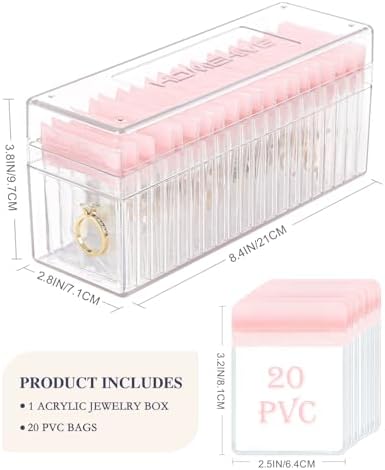 HOMEHIVE Acrylic Jewelry Box Organizer, Clear Jewelry Organizer Holder with 20 Portable Anti Tarnish Jewelry bags, Travel Jewelry Case for Earrings/Rings/Necklaces for Women Girls, Pink - Image 4