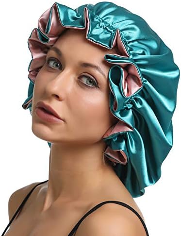 SENGTERM Women Large Satin Bonnet Adjustable Silky Sleep Cap Hair Bonnet Double Layered Reversible for Curly,Natural Hair (XL-ADULT, XL Pink-Green) by SENGTERM