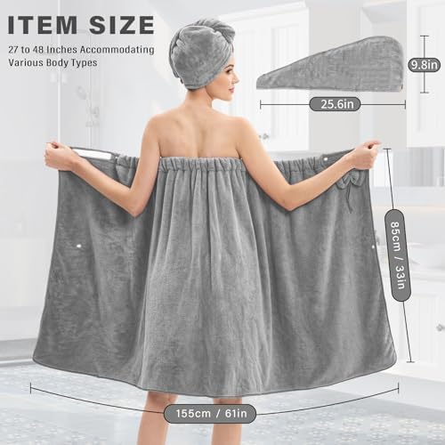 Women's Bath Towel Wrap with Hair Towel, Adjustable Soft Microfiber–Grey - Image 2