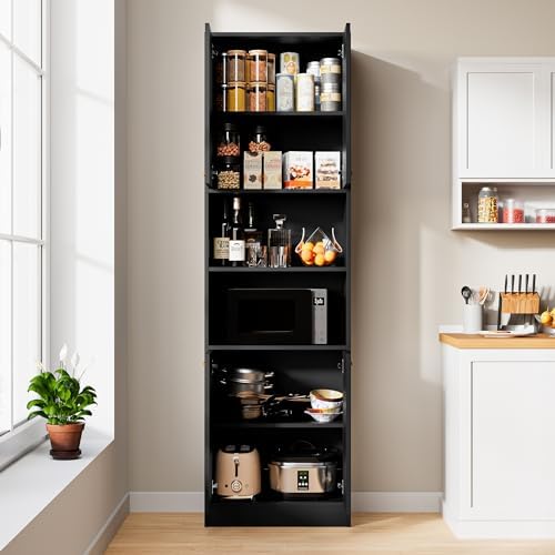Cozy Castle Kitchen Pantry Cabinet, 75" Tall Wood Storage Cabinet with Doors and Shelves, 4 Doors Open Countertop Utility Hutch Cupboard for Dining Room Living Room Bathroom Furniture, Black - Image 5