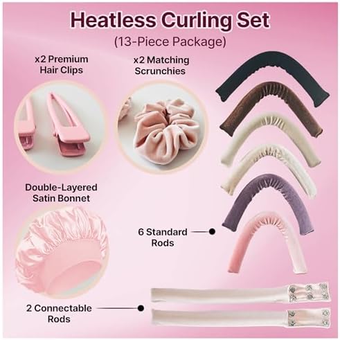 13-in-1 Heatless Curls Overnight,8 PCS Overnight Blowout Rods,Heatless Hair Curlers to Sleep In,Adjustable Heatless Curling Rod,Overnight Curls with Satin Bonnet for Sleeping,2 Scrunchies & Clips - Image 5