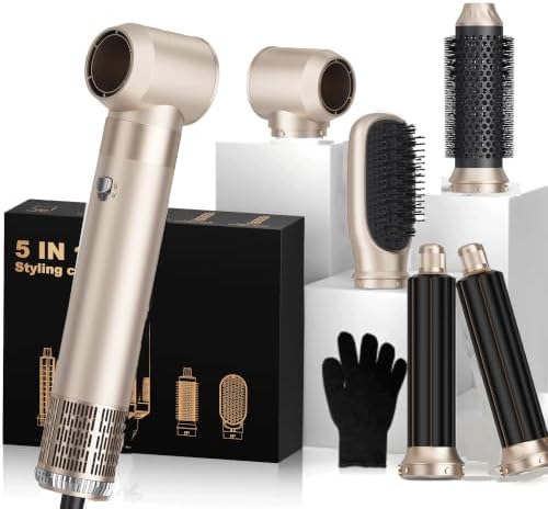 OKWRAP 5-in-1 Hot Air Styler & Blow Dryer Brush Set - 700W Gentle Temperature Hair Multi-Styler with Auto-Wrap Curlers & Round Brush for Fine, Thin, or Damaged Hair, 100-120V US Outlet Only by OKWRAP