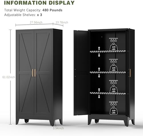 COFaR Black Farmhouse Storage Kitchen Pantry Cabinet with 2 Barn Door, 3 Adjustable Shelves and Legs, for Cupboard/Dining Room/Bathroom/Living Room/Office/Laundry Room (Black, 61" Farmhouse) - Image 2
