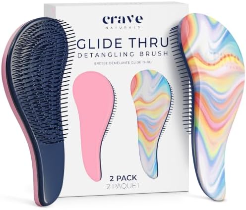 Crave Naturals Glide Thru Detangler Brush Pack of 2 - Curly Hair Brush for Women and Kids - Wet and Dry Comb for Adults - Soft Flexible Bristles for Gentle Use - Pink and Soft Hazy Swirl by CraveNaturalsDetanglingBrush