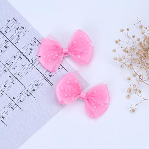 Tiny 3 Inch Dot Organza Double Hair Bow Clips - Cute Lined Boutique Alligator Hairpin for Girls, Toddlers, and Little Teens - Kids Barrettes Set of 2 Small Stylish (Hot Pink) - Image 5