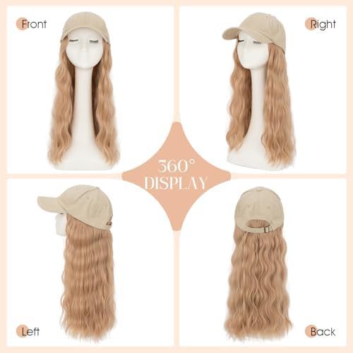 Rich Choices Hat Wigs for Women,Khaki Baseball Cap with Hair Extensions for Women,Caps with Wavy Curly Synthetic Long Hair Attached Adjustable Baseball Cap Wig 18 Inch Light Blonde Hair - Image 5