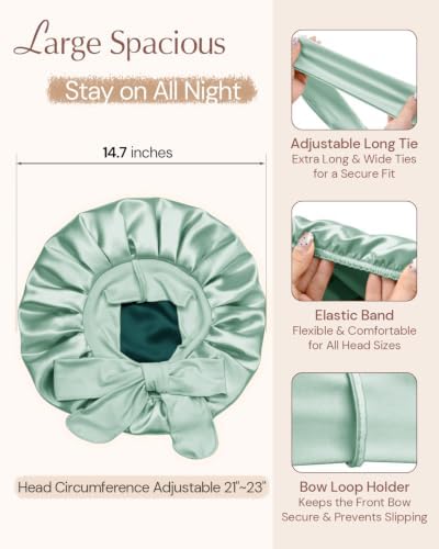 BONNET QUEEN Silk Bonnet for Sleeping Women HYALURONIC Acid Reversible Double Layer Satin Bonnet Night Sleep Cap Wrap for Curly Hair with Adjustable Tie Band & Scrunchie, Sage & Dark Green - Image 5