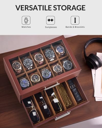 ProCase 10-Slot Watch Case for Men, 2-Tier Pull-Out Drawer Sunglasses Box - Image 4