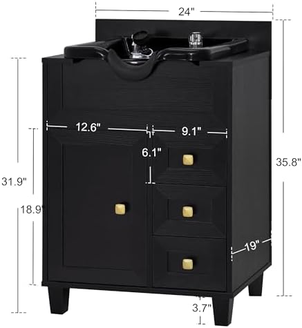 BarberPub Barber Storage Shampoo Station with Bowl & Cabinet 7131 (Black) - Image 3