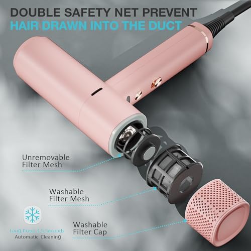 Ionic Hair Dryer with Diffuser and Concentrator, Professional Lightweight Quiet Blow Dryer, Powerful 1600 Watt Motor for Fast Drying and Straight & Wavy Hair, 3 Temps/2 Speeds, 6.56 Ft Cord, Pink - Image 4