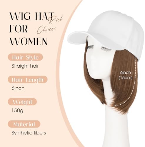 Rich Choices Hat Wigs for Women,White Baseball Cap with Hair Extensions for Women,Short Bob Hairstyle Caps with Straight Synthetic Hair Attached Adjustable Baseball Cap Wig 6 Inch-Light Brown Hair - Image 2